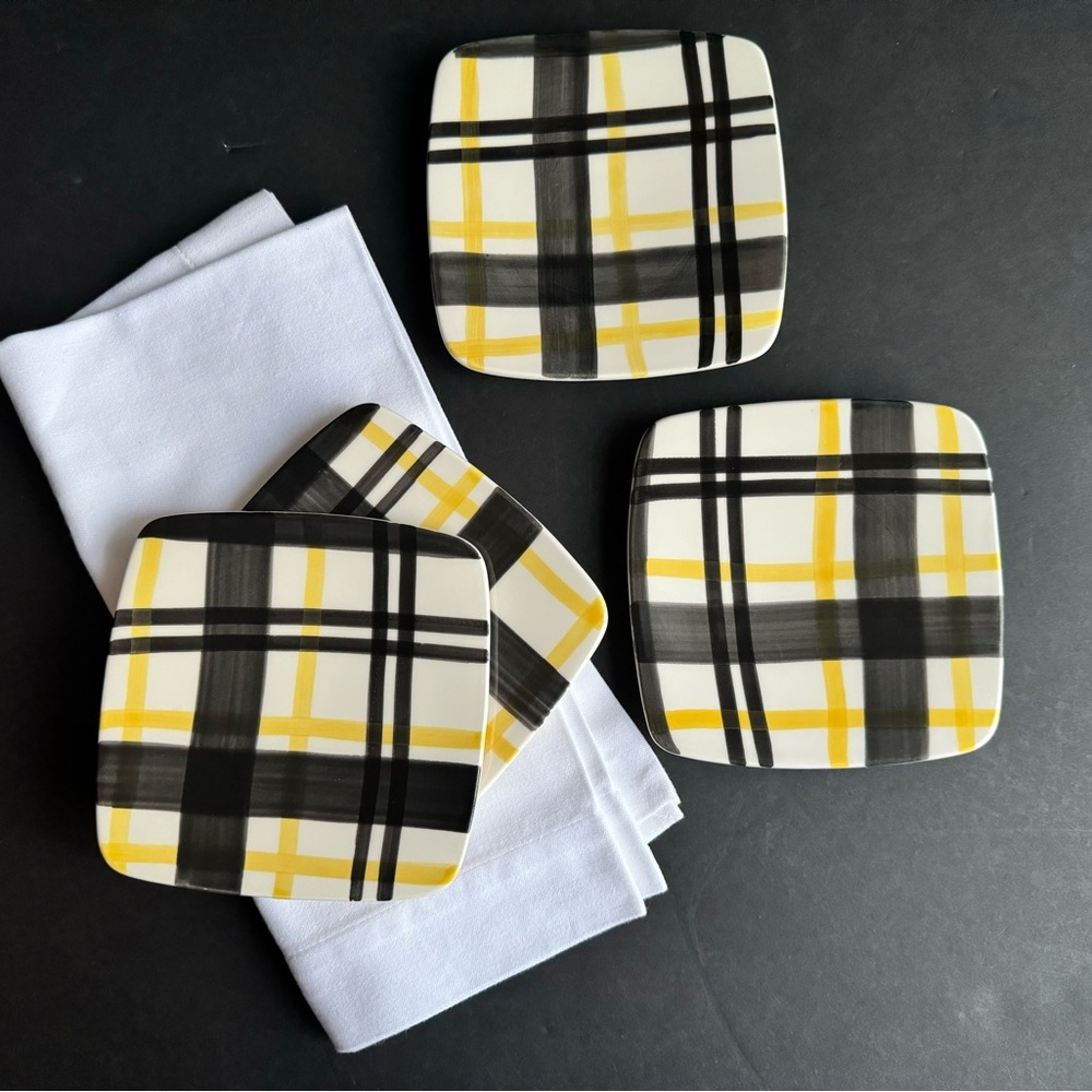 (Set/4) Bloomingdale's Yellow Black Plaid 5" Square Small Appetizer Snack Plates